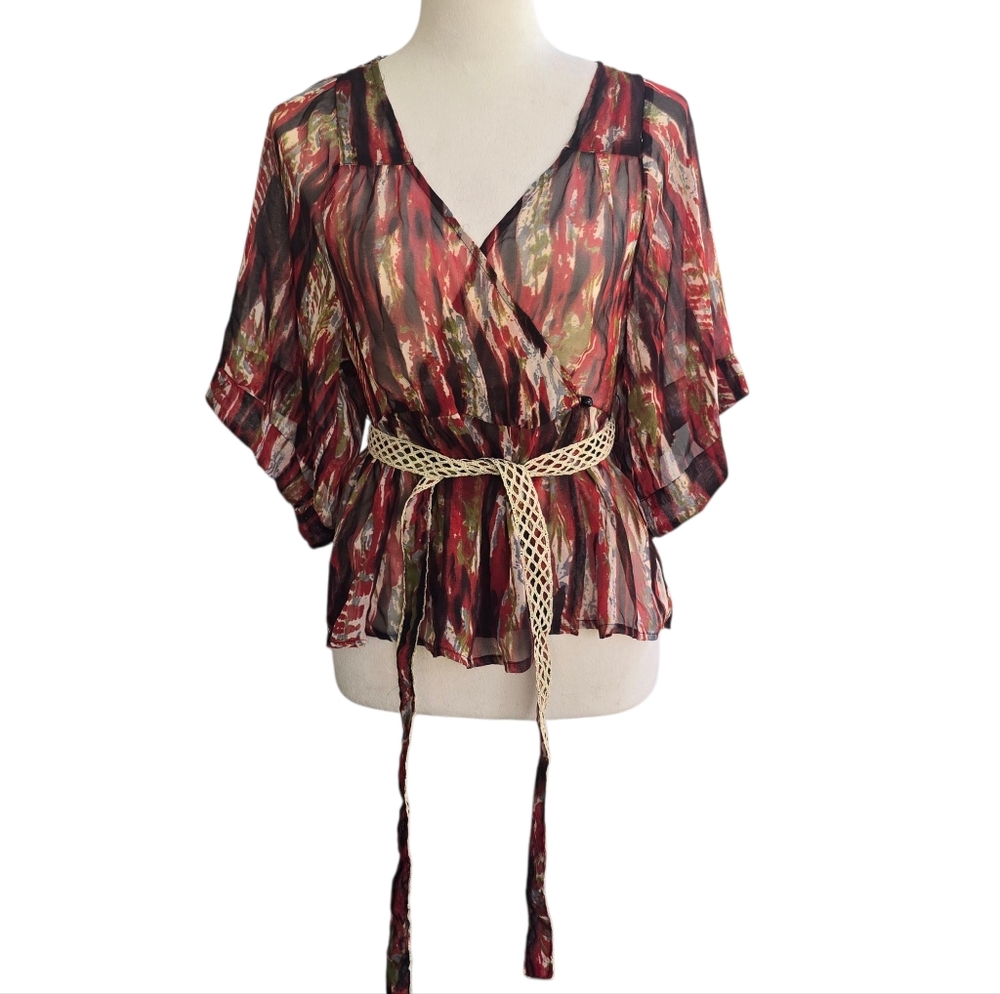 Daytrip Red and Black Women's Sheer Wrap Blouse Size M NWT